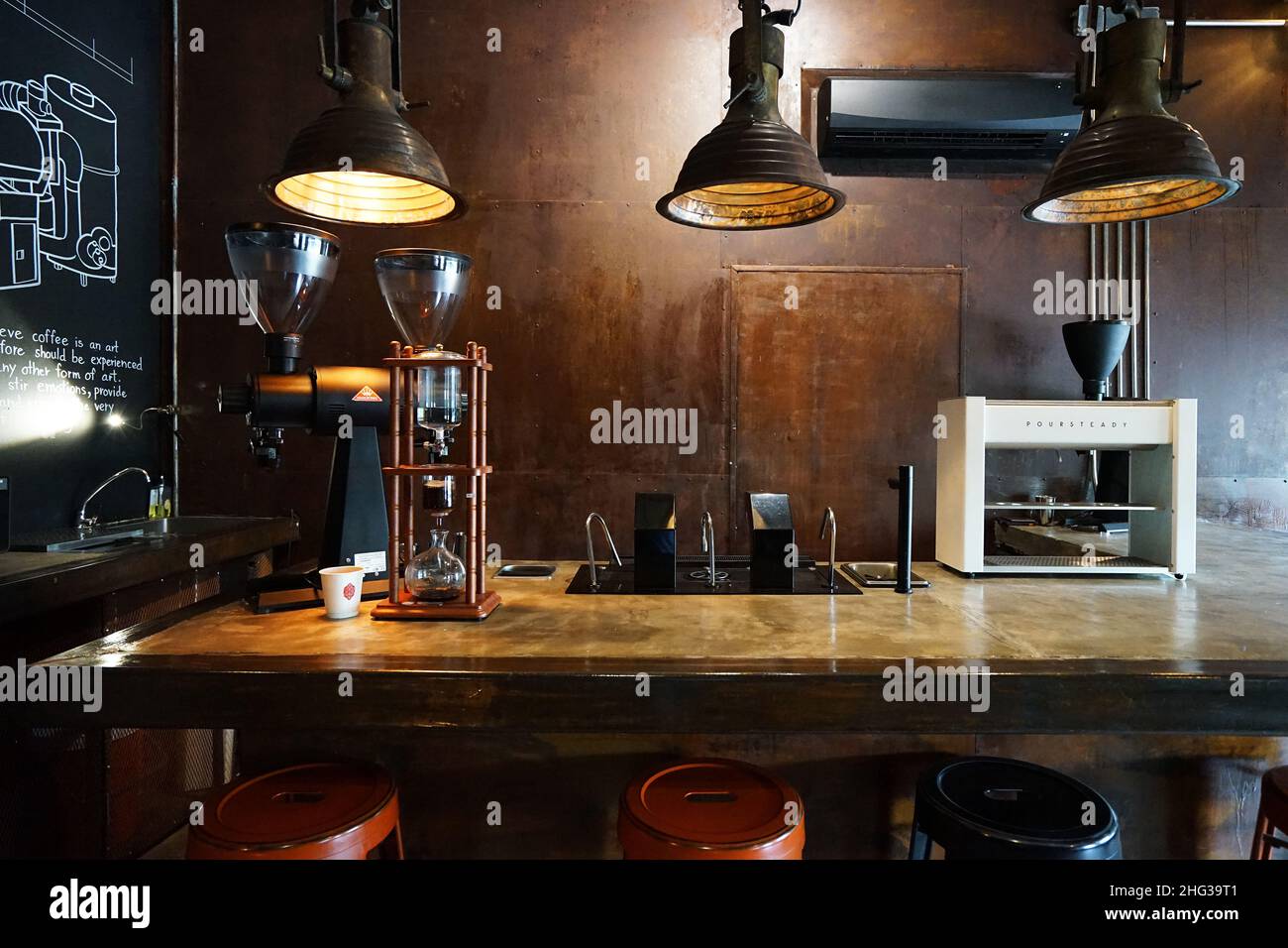 Interior design and bar decoration of specialty coffee shop decorated ...