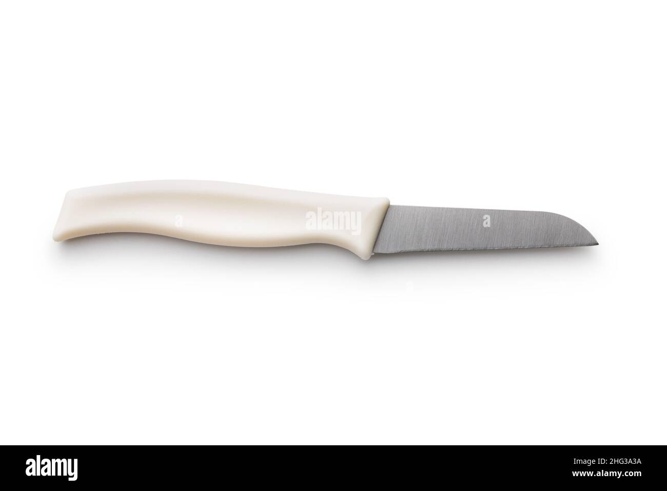 White plastic kitchen knife isolated on white background. Stock Photo