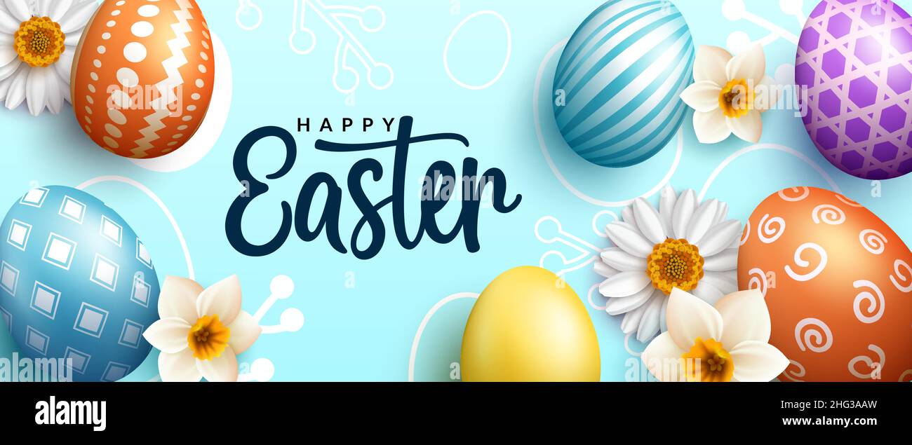 Easter season vector background design. Happy easter text with 3d eggs abstract pattern and flowers element for seasonal egg hunting holiday. Stock Vector