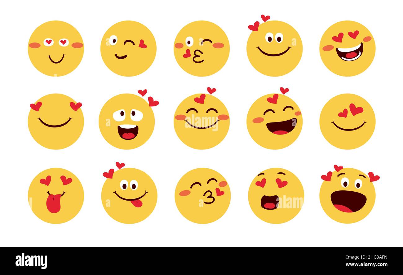 Emoji in love vector set design. Emojis emoticon with in love, blushing and happy face reaction isolated in white background for valentine emoticons. Stock Vector