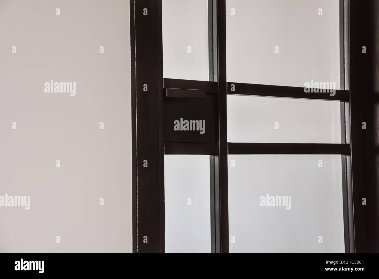 Modern door with black frame and frosted glass in a cozy home Stock Photo