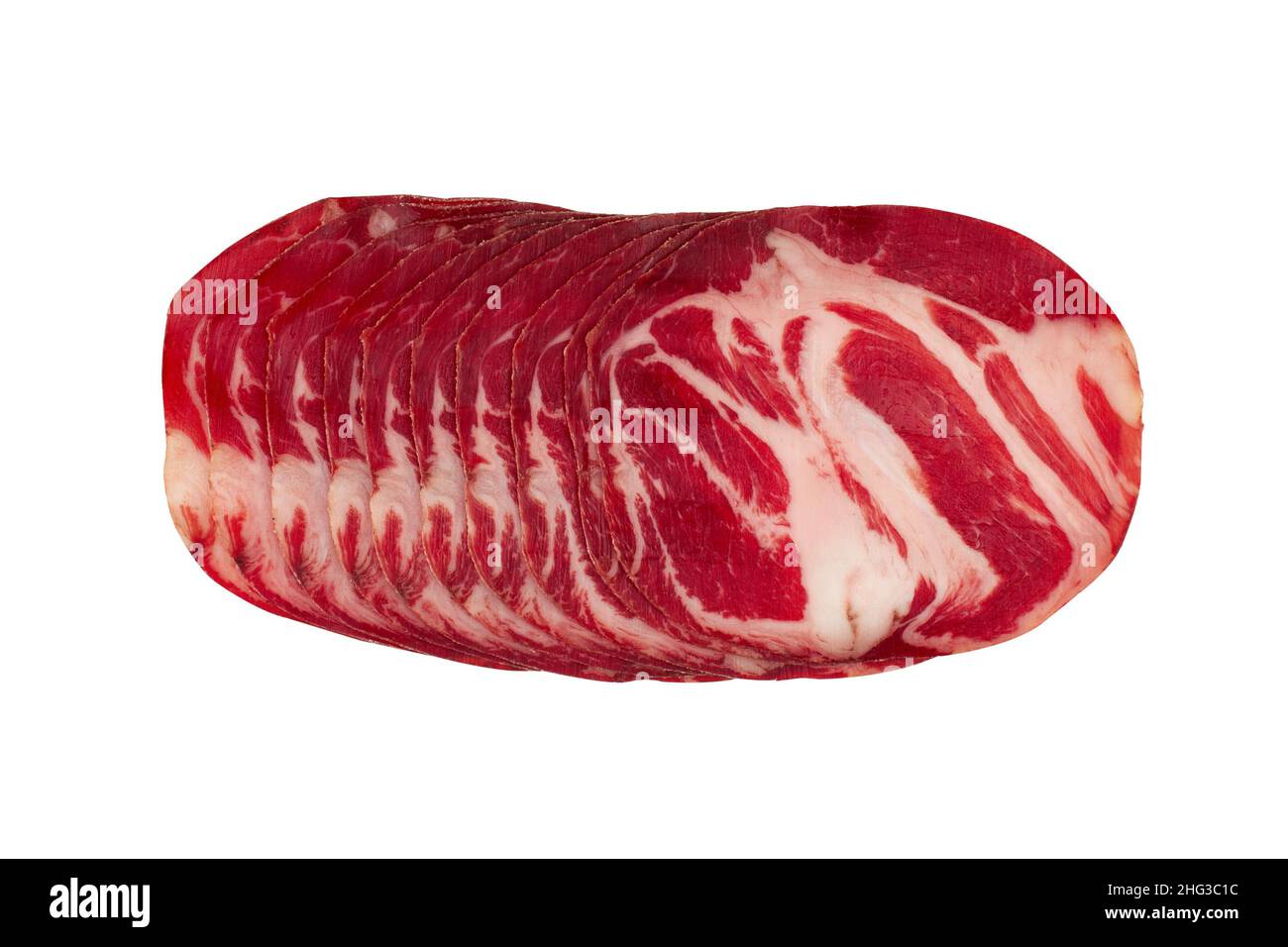 top view of slices of smoked pork loin ham with red color and fat isolated on white background Stock Photo