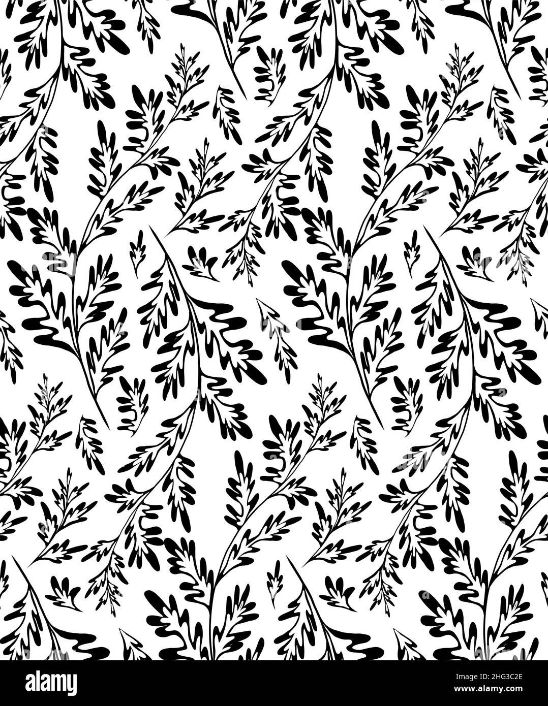 Monochrome vector seamless pattern with wormwood herbaceous on white background. Fabric with grass fields. Wallpaper with a branches of sagebrush. Stock Vector