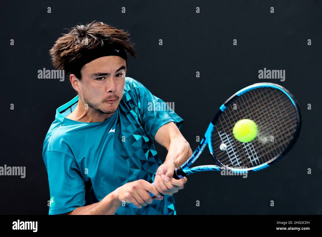 Melbourne, Australia. 18th Jan, 2022. TARO DANIEL (JPN) in action against TOMAS BARRIOS VERA (CHI) on Rod Laver Arena in a Men's Singles 1st round match on day 2 of the 2022 Australian Open in Melbourne, Australia. Sydney Low/Cal Sport Media. Daniel won 7:6 6:1 6:1. Credit: csm/Alamy Live News Stock Photo