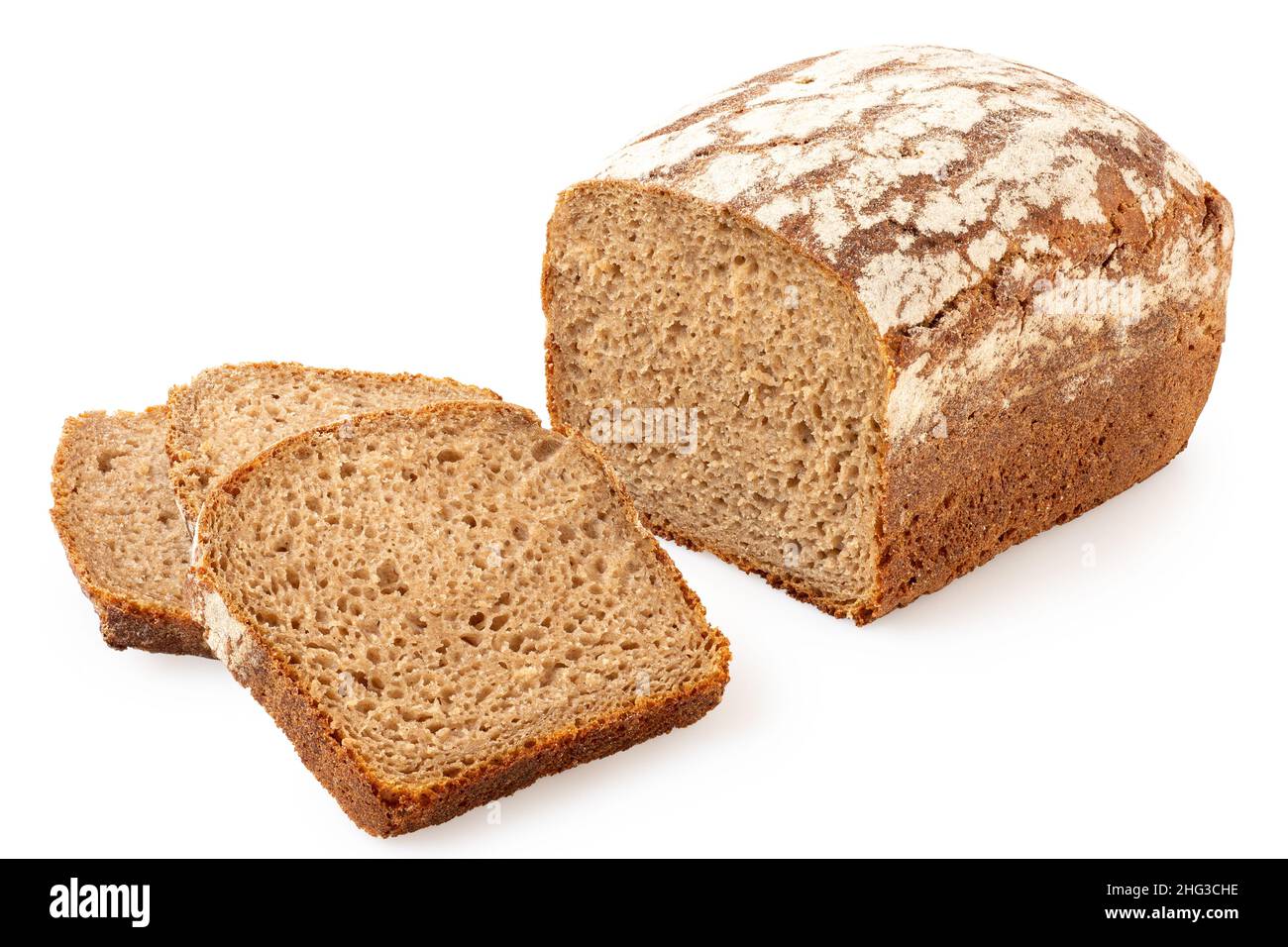 Loaf of rye bread with three slices isolated on white. Cross section. Stock Photo