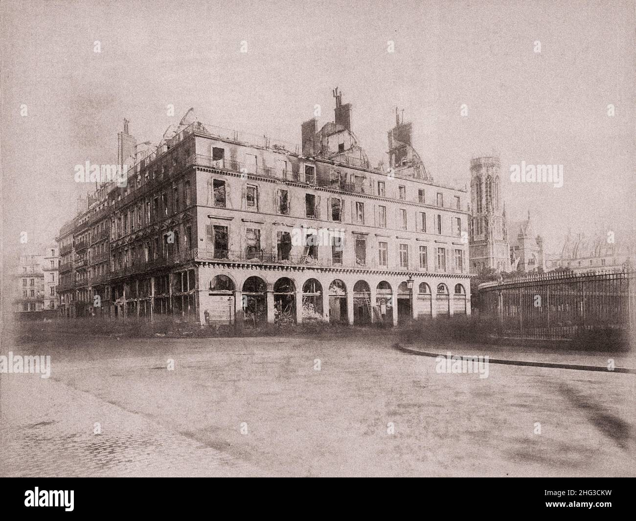 Paris Commune. Rue Rivoli, corner of Place St Germain l ' Auxerrois after street fights. France. 1871 Stock Photo