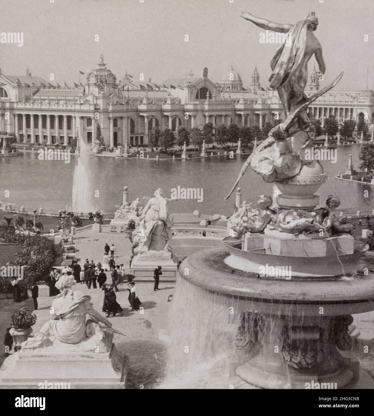 Vintage of Grand Basin and splendid Electricity Building, from east pavilion of Festival Hall, World's Fair, St. Louis, USA. 1904 Stock Photo