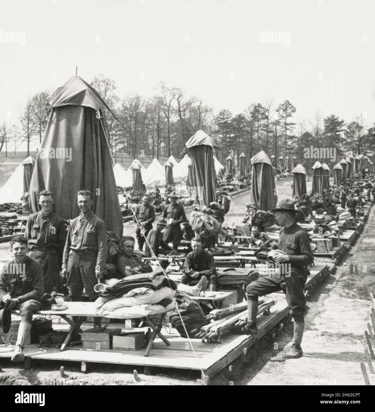 Vintage photo of World War I. 1914-1918. Sunshine keeps our soldiers healthy. Daily sunning of equipment. Macon, Georgia. USA. Stock Photo