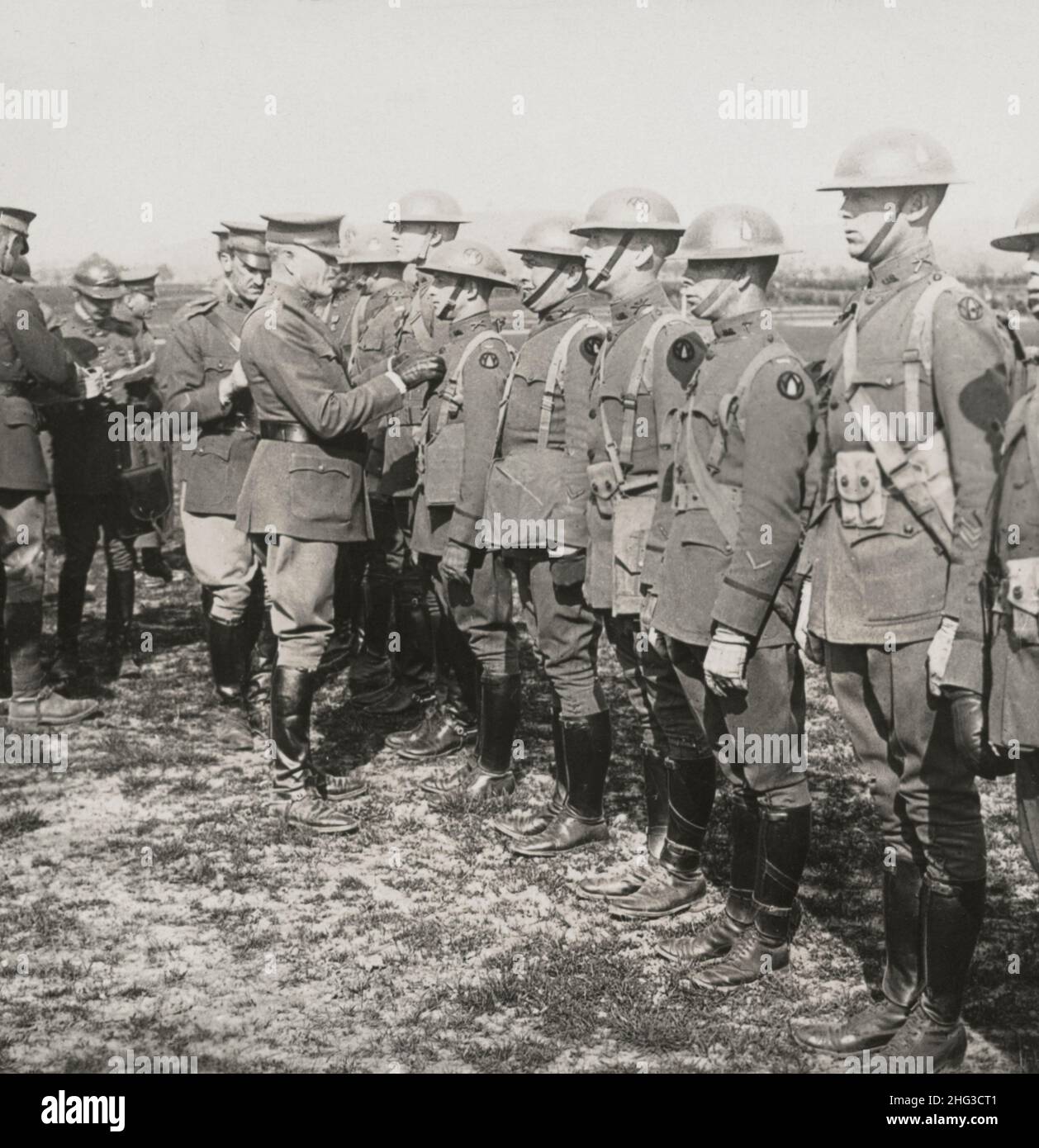 First World War period. Vintage photo of General Pershing decorating officers of 89th Division, Treves, Germany. 1917-1918 Stock Photo