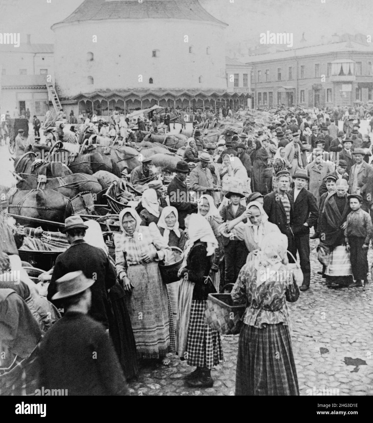 Vintage photo of the market place, Viborg, Finland. Russian Empire. 1907 Stock Photo