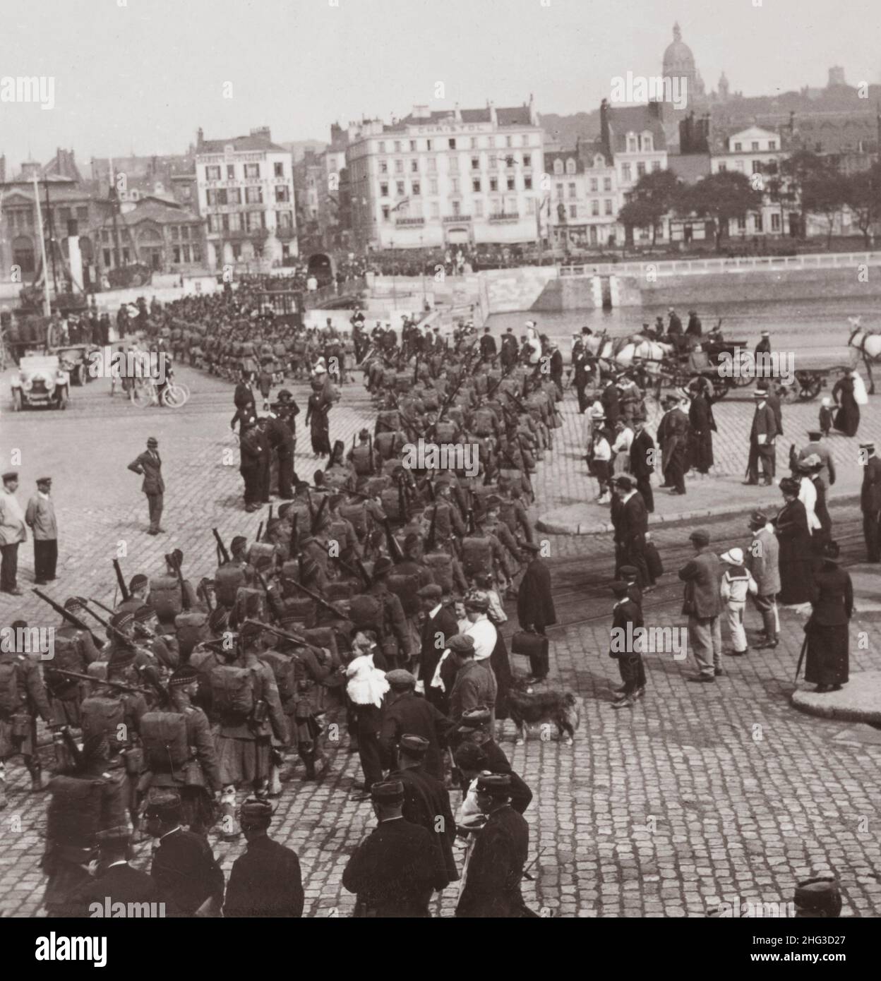 Vintage photo of World War I. 1914-1918. The Highland Regiment of the British Army marching through Boulogne. France Stock Photo