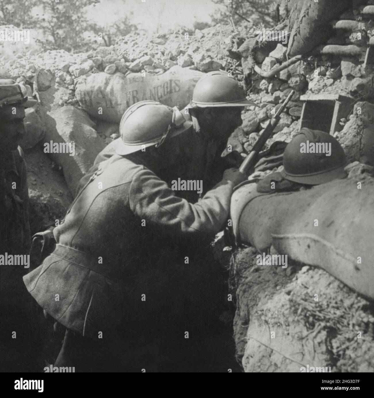 Vintage photo of World War I. 1914-1918. Sharpshooters in protected position near enemy lines. France Stock Photo