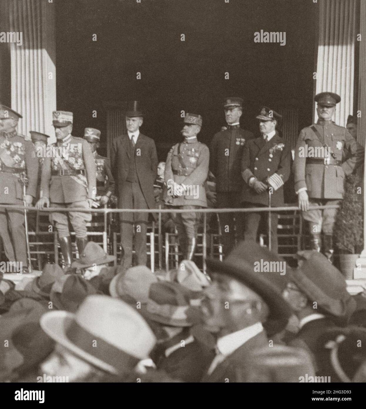 World War I. America's most notable gathering of military heroes, left to right, Jacques (Belgium), Diaz (Italy), Coolidge, Foch (France), Pershing, e Stock Photo