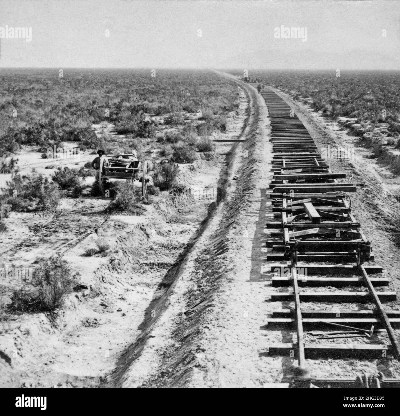 Vintage photo of the 19th-century USA. Advance of civilization. End of track, near Iron Point. Central Pacific Railroad, Nevada. Scenes on the Humbold Stock Photo