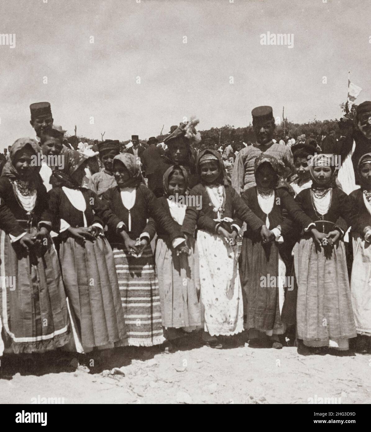 Vintage photo of peasant girls at the Easter festival, Magara, Greece. 1901 Stock Photo