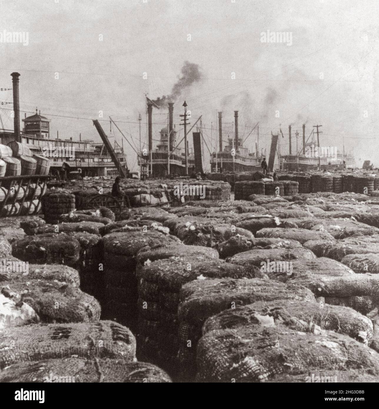 Vintage photo of the cotton levee, New Orleans, La. USA. 1901 Photo is showing thousands of bales of cotton and four docked steamers. Stock Photo