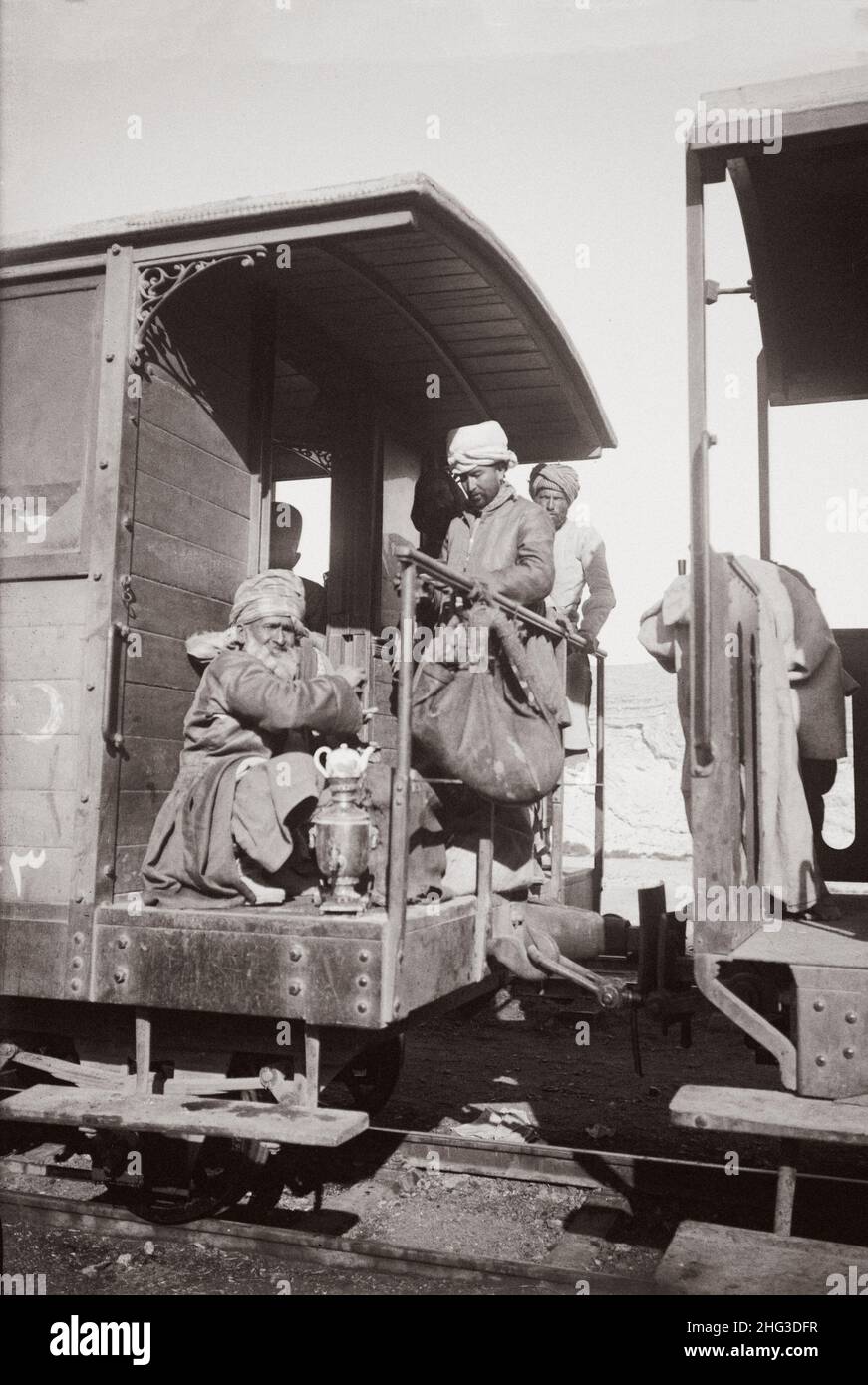 Vintage photo of various types, etc. Mohammedan (Muslim) pilgrims on train for Mecca. 1910s Stock Photo