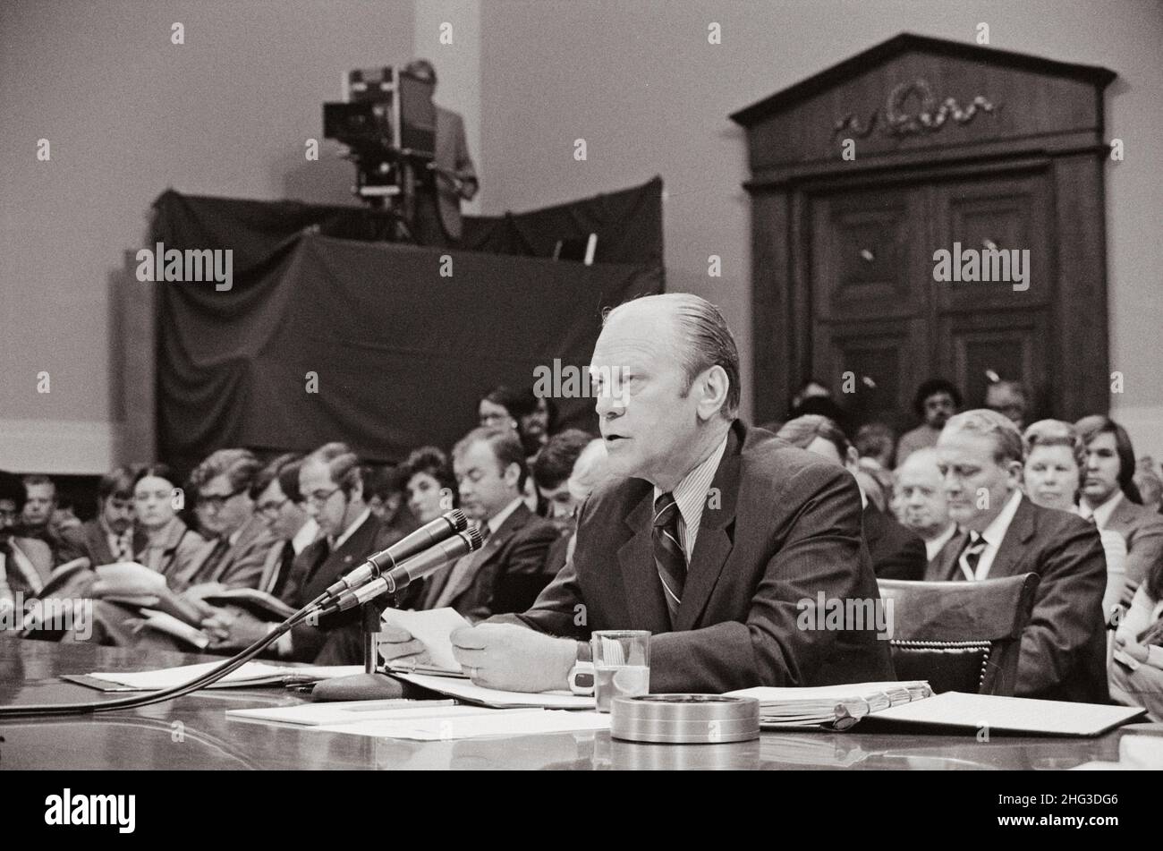 President Gerald Ford appearing at the House Judiciary Subcommittee hearing on pardoning former President Richard Nixon, Washington, D.C. October 17, Stock Photo