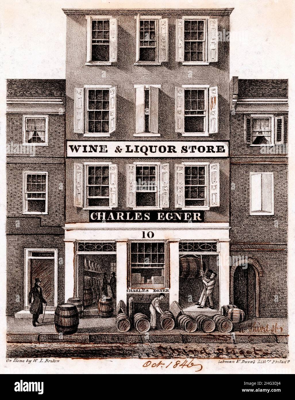 Vintage lithograph of Charles Egner Wine and Liquor Store, 10 North Third Street, Philadelphia. USA. 1825-1855 This lithographed advertisement shows t Stock Photo