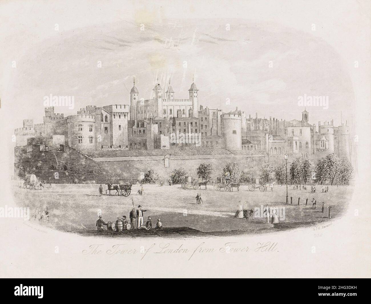 Engraving of the Tower of London. 1862 The Tower of London, officially Her Majesty's Royal Palace and Fortress of the Tower of London, is a historic c Stock Photo