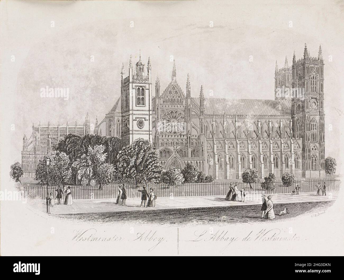 Engraving view of the Westminster Abbey in the 19th century. London, Great Britain. 1862 Westminster Abbey is a large, mainly Gothic abbey church in t Stock Photo