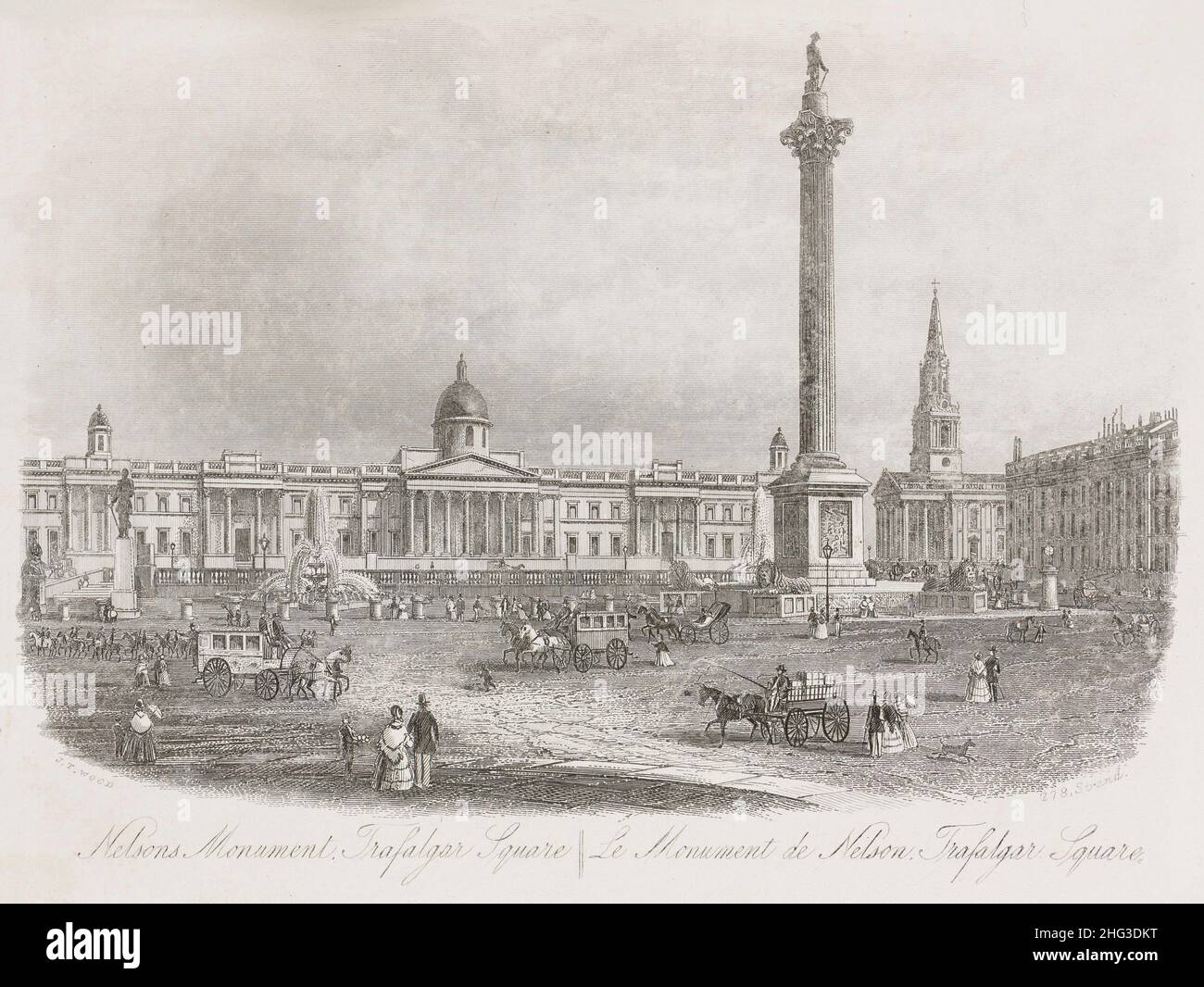 Engraving of View of Trafalgar Square with Nelson's column in London. 1862 Stock Photo