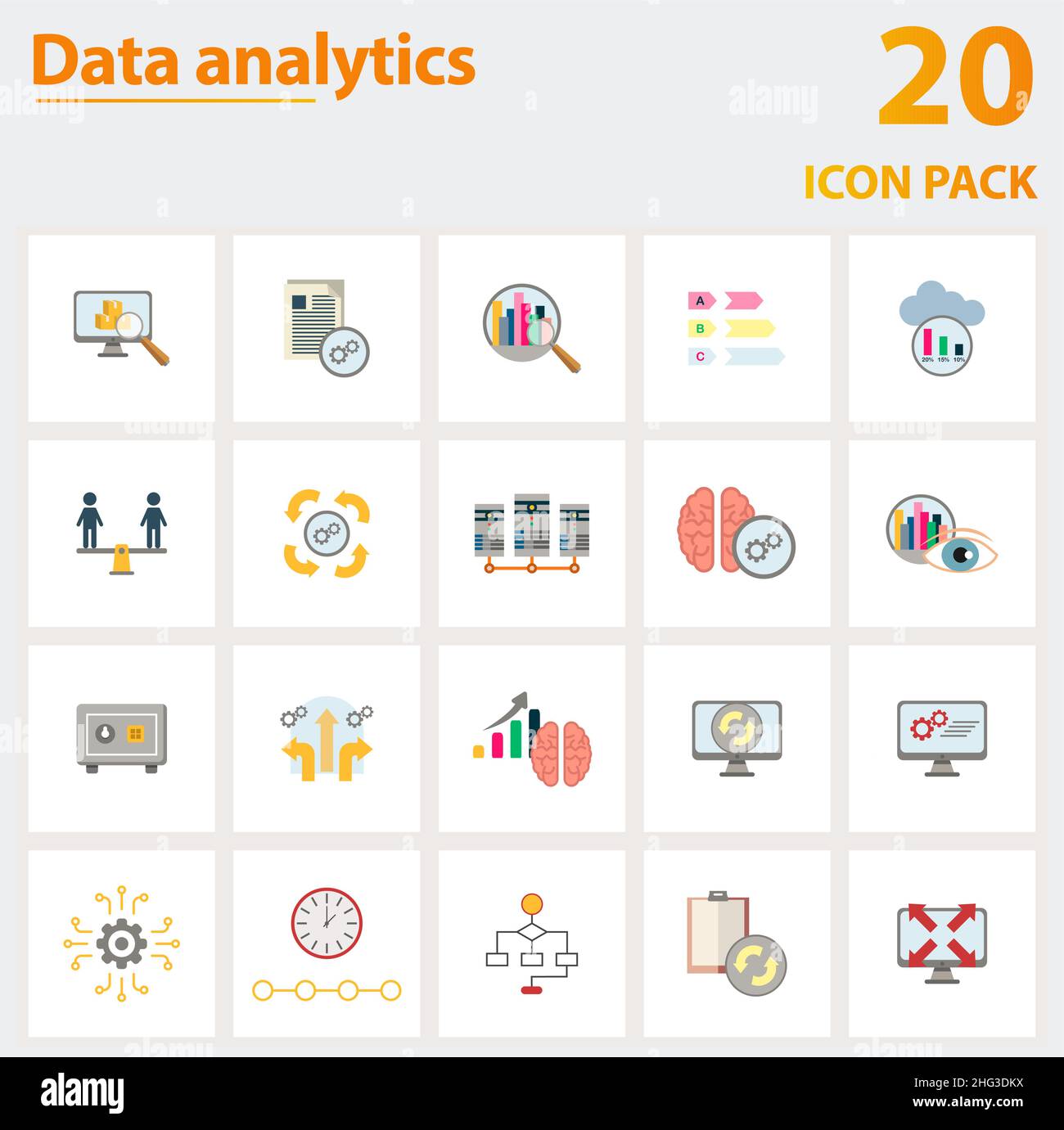 Data Analytics icon set. Collection of simple elements such as the stock, batch processing, big data, data center, deep learning, vault Stock Vector