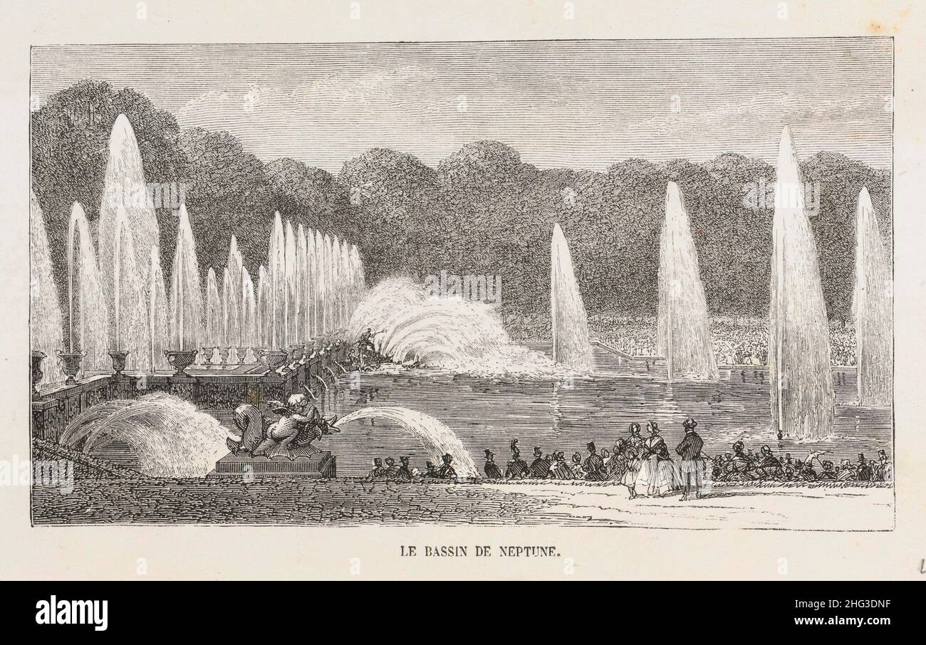 Engraving of Versailles. 1850-1865, by Jean Best (1808-1879) – graphic artist View of Neptune’s Fountain, fragment of the park in Versailles Stock Photo