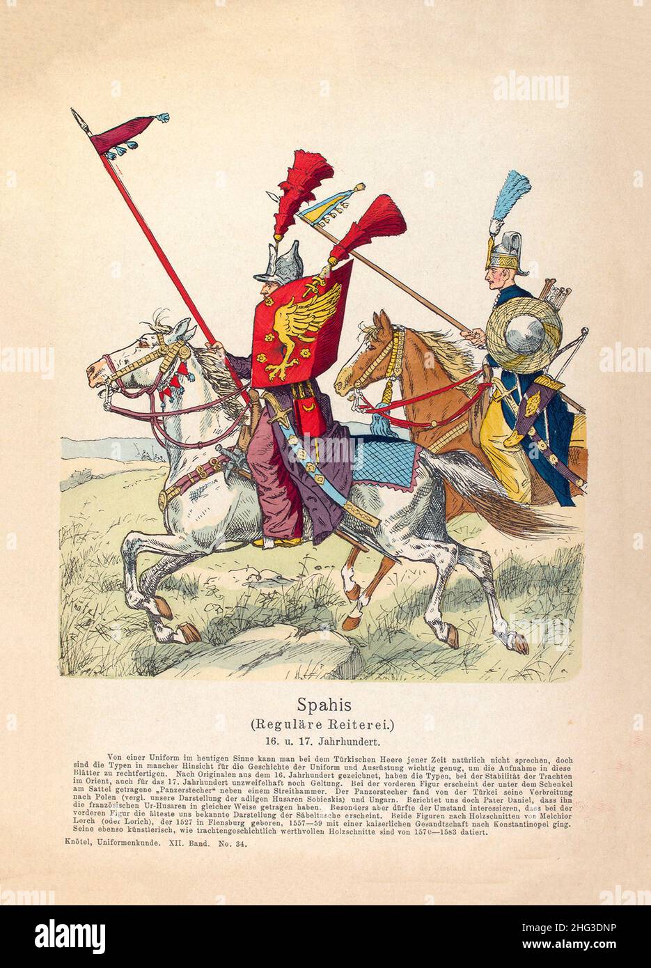 Lithograph of Turkish Spahi regular light cavalry of Ottoman empire of 16th-17th centuries. 1910 Spahi was a cavalryman in the army of the Ottoman Emp Stock Photo