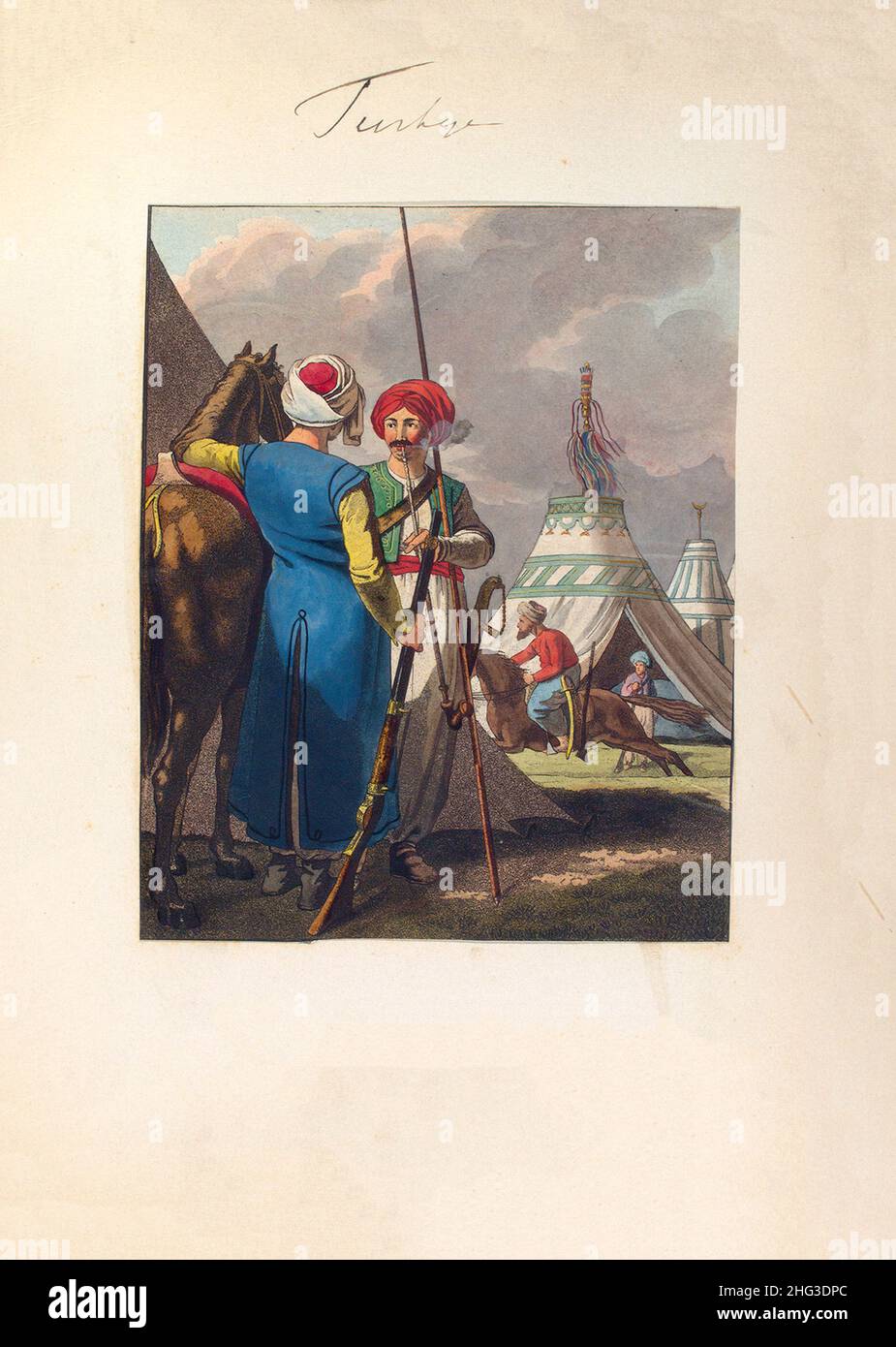 Lithograph of Turkish regular cavalry: Kapıkulu Suvarileri Ocagı (literally the Hearth of the Cavalrymen of Gate Slaves). 1910 Stock Photo
