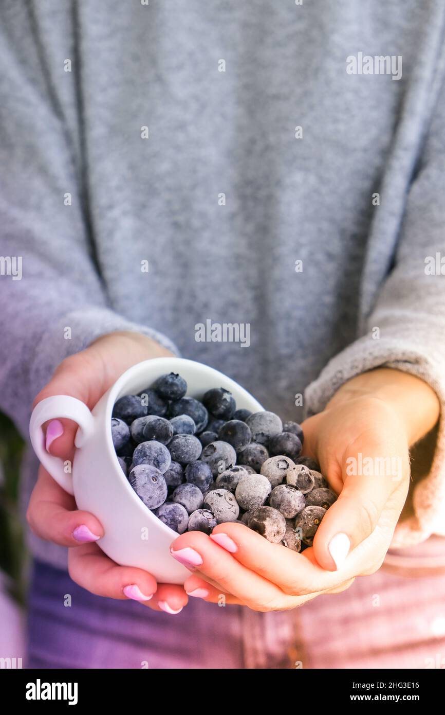 Woman holding bowl with Frozen blueberry fruits. Harvesting concept