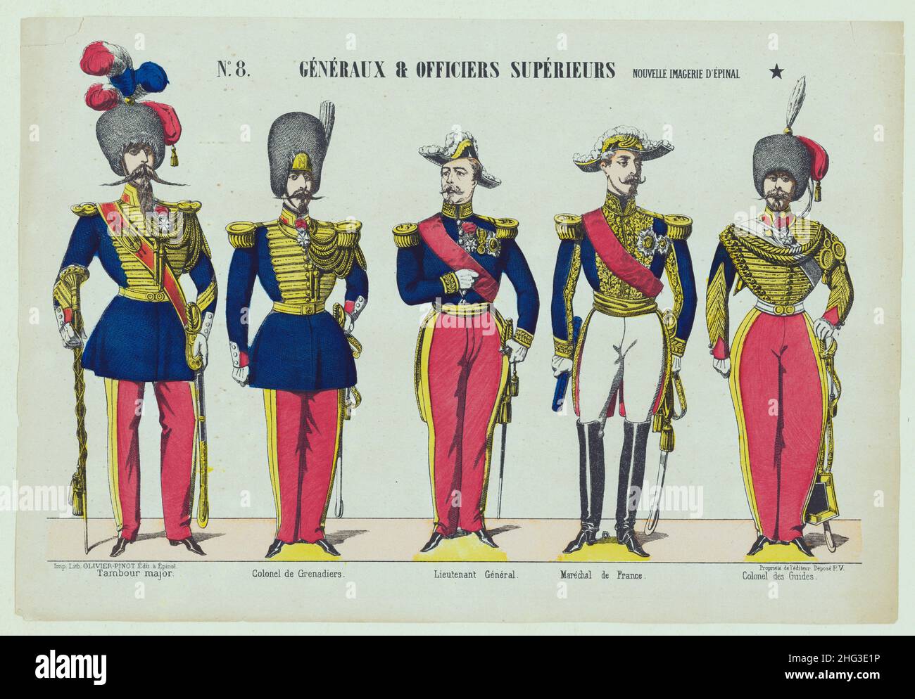 Vintage color lithograph of the 19th century: Generals & senior officers of French Army (Second French Empire period). 1860 Drum major (or field comma Stock Photo