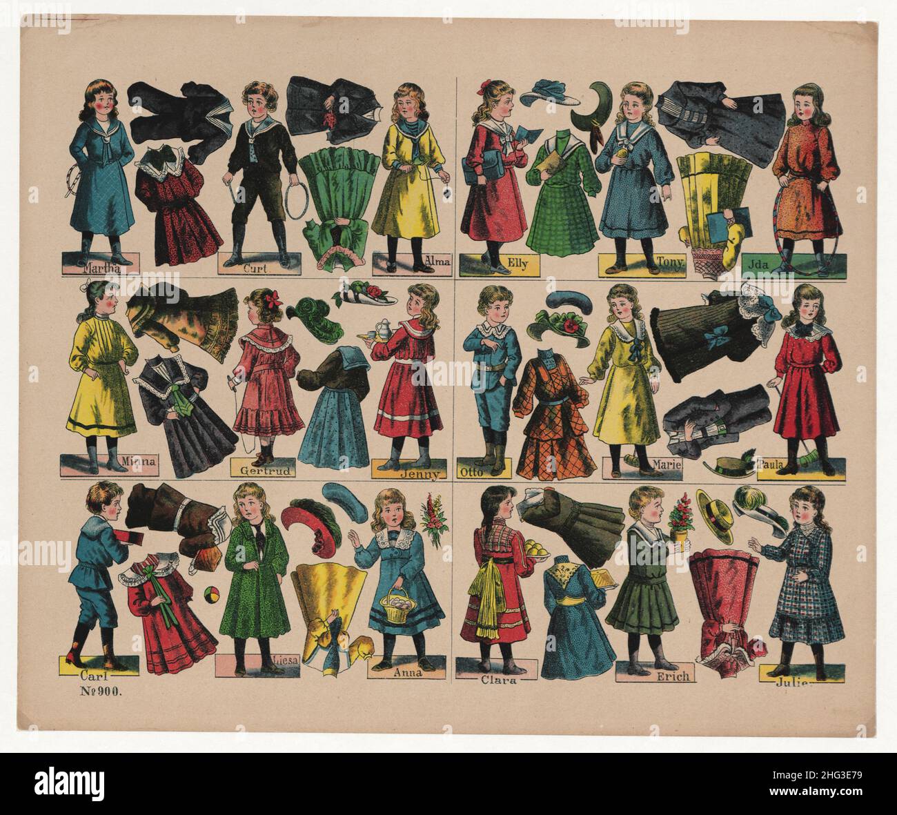 The 19th century vintage children craft sheet for cutting from paper. Dress-up figures of girls and boys. Germany, 1914 Children's fashion of 1914, Ge Stock Photo