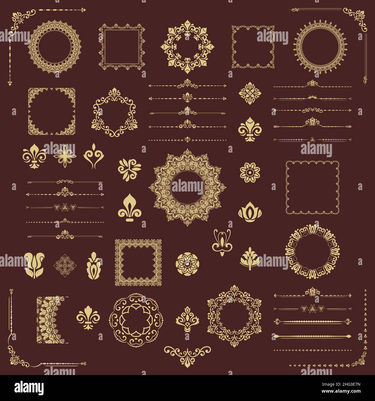 Vintage set of golden vector horizontal, square and round elements ...