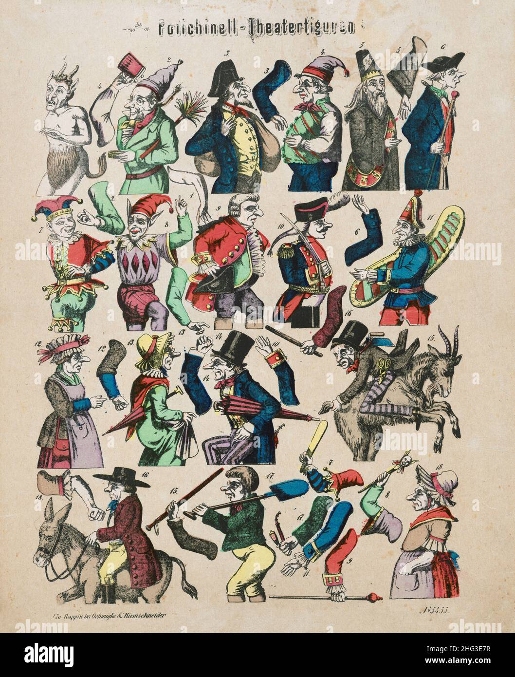 Vintage colour illustration of Polichinell Theatrical figures for cutting. 1880 Polichinelle is a character of the French folk theater: a hunchback, a Stock Photo