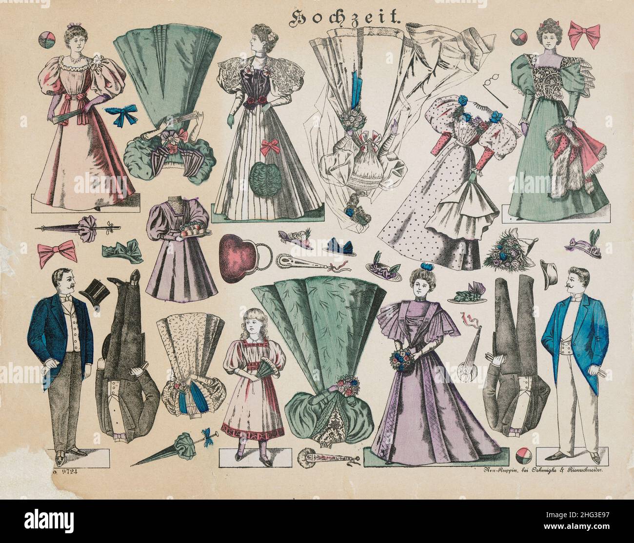Vintage illustrations of dress-up dolls for cutting: Wedding. 1914 Weddings fashion of 1914, German fashion of 1914, German women's fashion of 1914, v Stock Photo