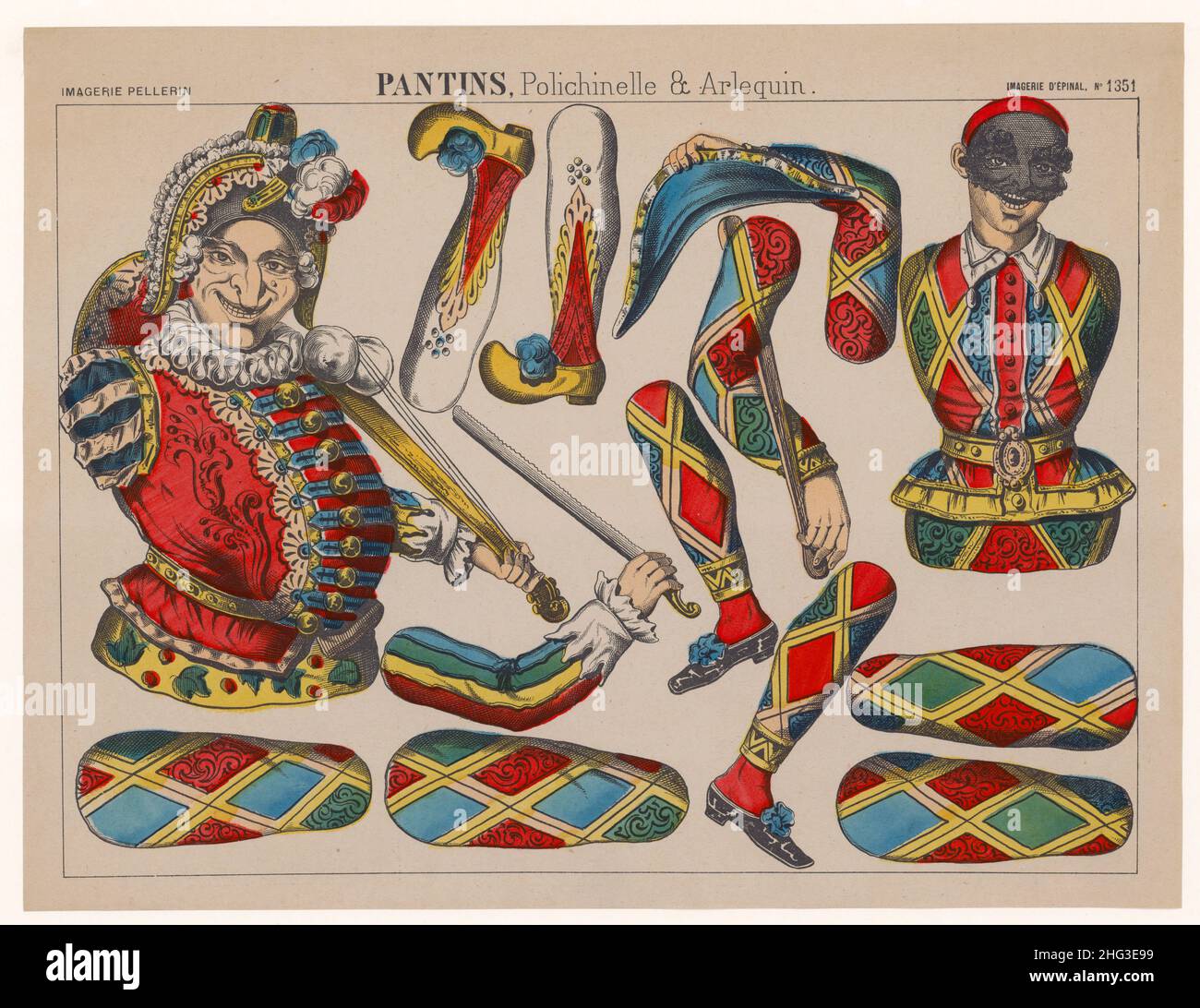 The 19th century vintage illustration for cutting. Puppets: Polichinelle and Harlequin. 1890 Stock Photo