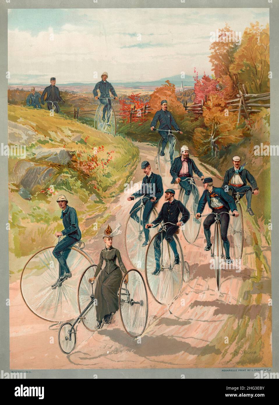 Vintage aquarelle print of woman, on three wheel bicycle, followed by men on high-wheelers. 1887 Stock Photo