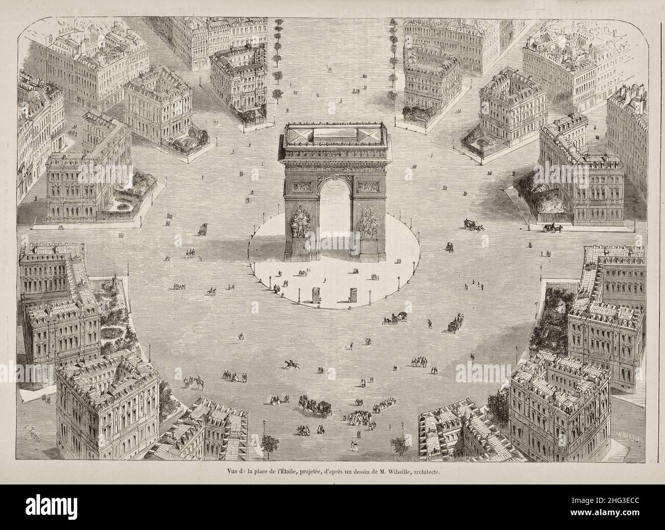 19th century engraving of view of the Arc de Triomphe (Place Charles de Gaulle), projected, according to a drawing by M. Wibaille, architect. Paris, F Stock Photo