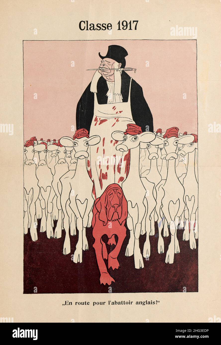 Vintage French anti-war (anti-German) poster: Class of 1917: 'Let's go to the English slaughterhouse!'.  1916 Stock Photo