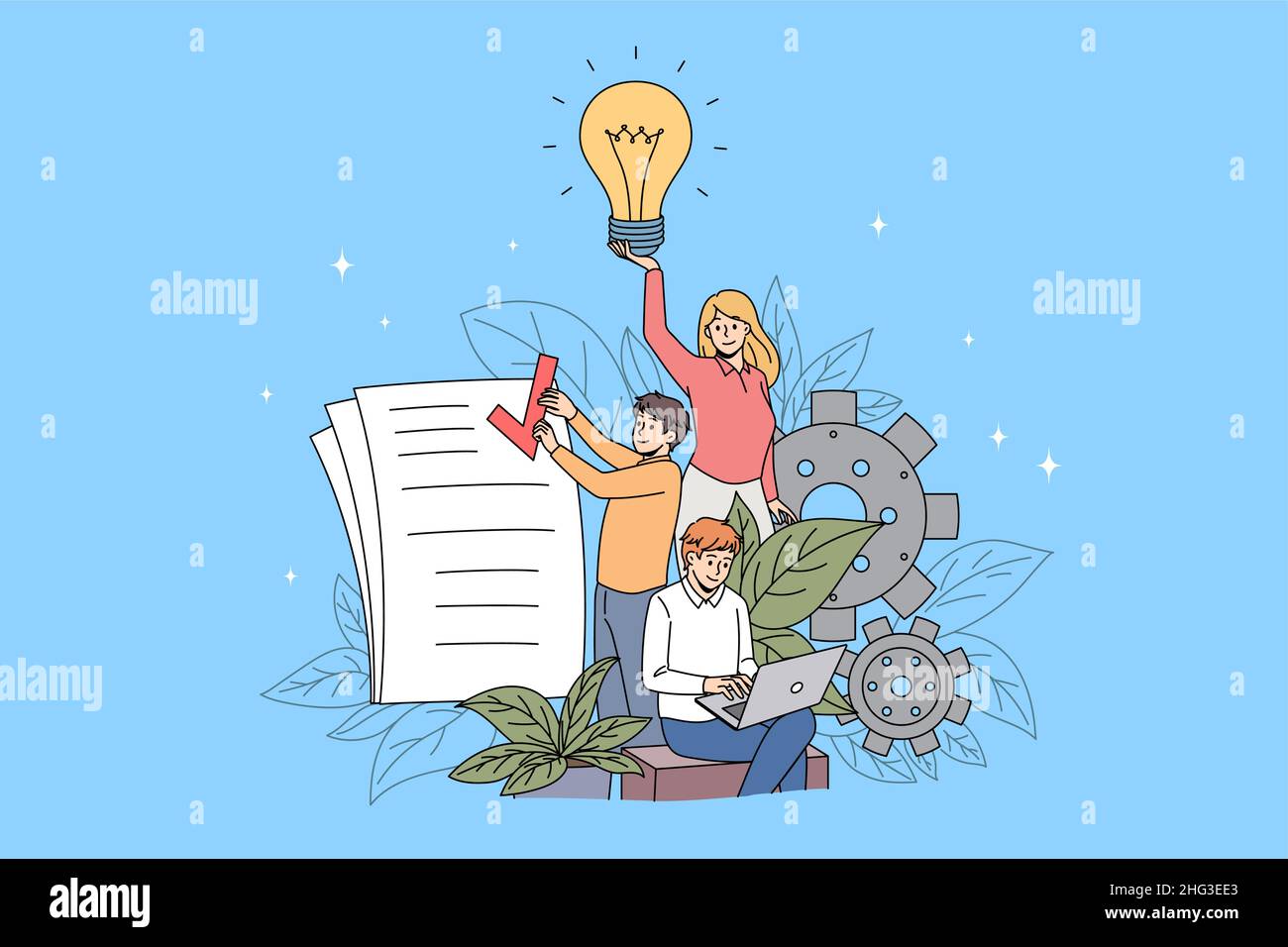 Teamwork collaboration and business idea concept. Group of young