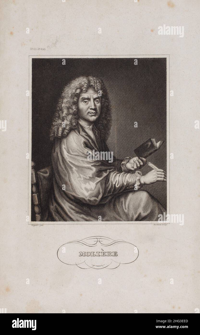 Engraving of Iohann Baptista Poquelin von Moliere. 1840 Jean-Baptiste Poquelin (1622 – 1673), known by his stage name Molière, was a French playwright Stock Photo