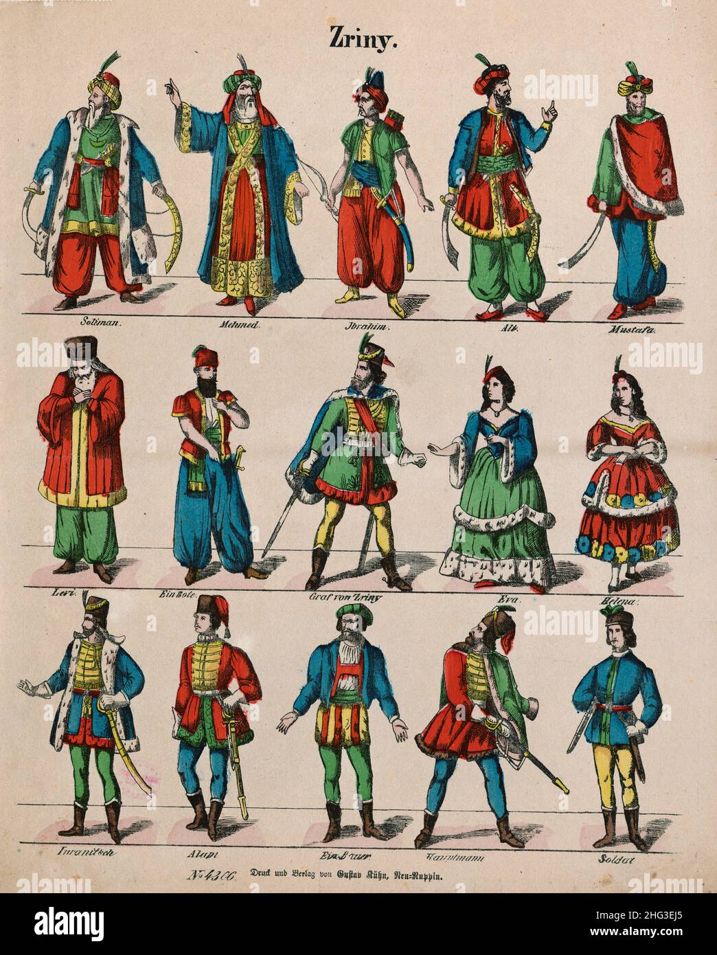 Vintage illustration of characters of the Hungarian legend 'Zriny'. 1860 Stock Photo