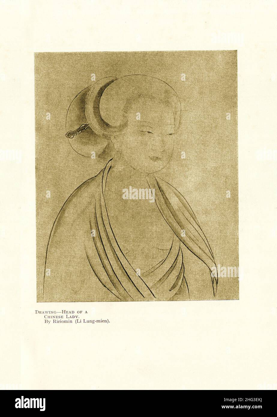 Chinese medieval drawing: Head Of A Chinese Lady. By Ririomin (Li Lung-mien (1100-1106)). Reproduction of book illustration of 1912 Stock Photo