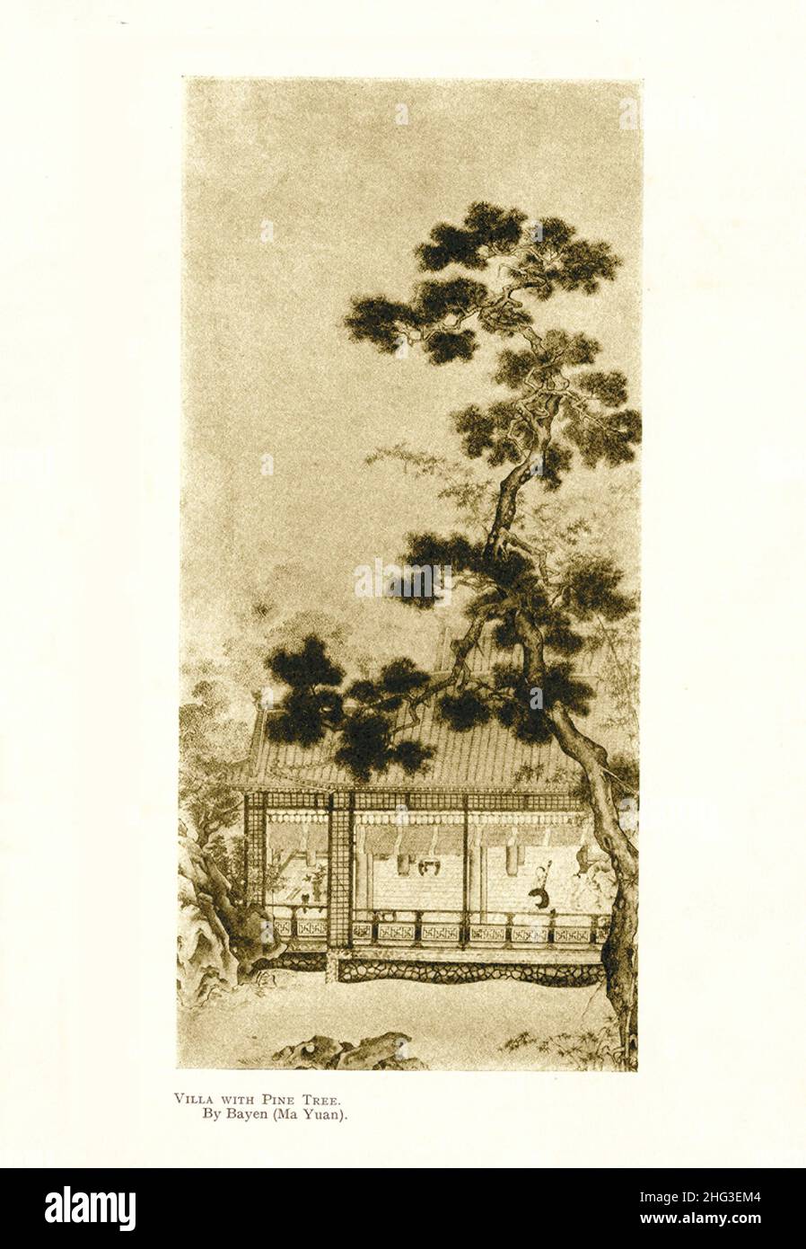 Chinese medieval painting: Villa With Pine Tree. By Bayen (Ma Yuan). Reproduction of book illustration of 1912 Ma Yuan (c. 1160–65 – 1225) was a Chine Stock Photo