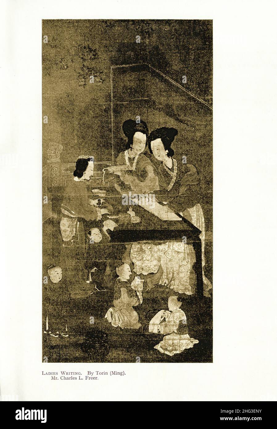 Chinese medieval painting: Ladies Writing. By Torin (Ming). Reproduction of book illustration of 1912 Stock Photo