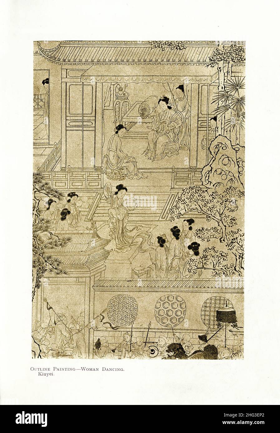 Chinese medieval outline painting: Woman Dancing. By Kiuyei (Ming). Reproduction of book illustration of 1912 Stock Photo