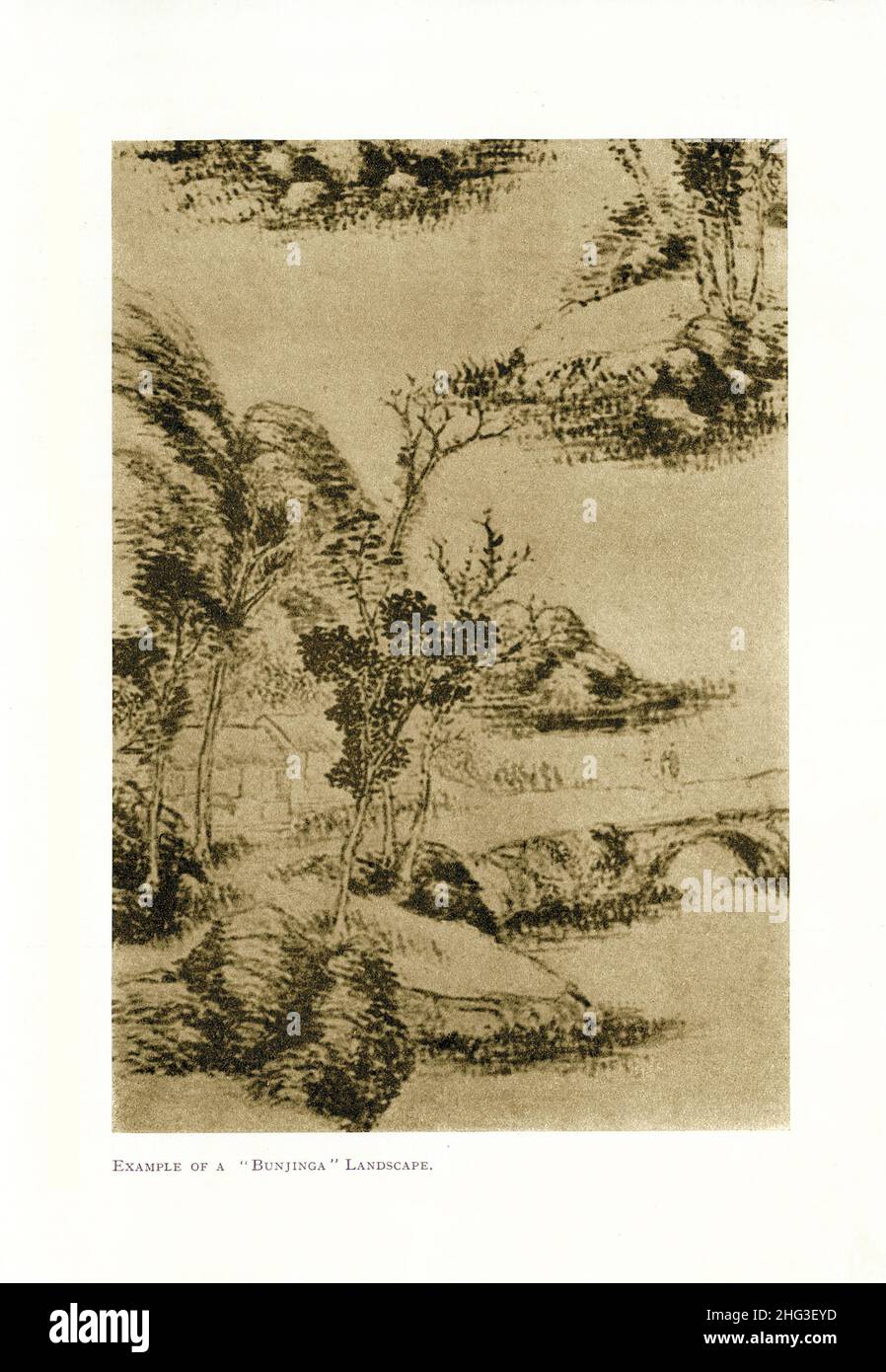 Vintage Chinese painting: Example of a 'Bunjinga' Landscape. Reproduction of book illustration of 1912 Nanga (Japanese painting) 'Southern painting', Stock Photo