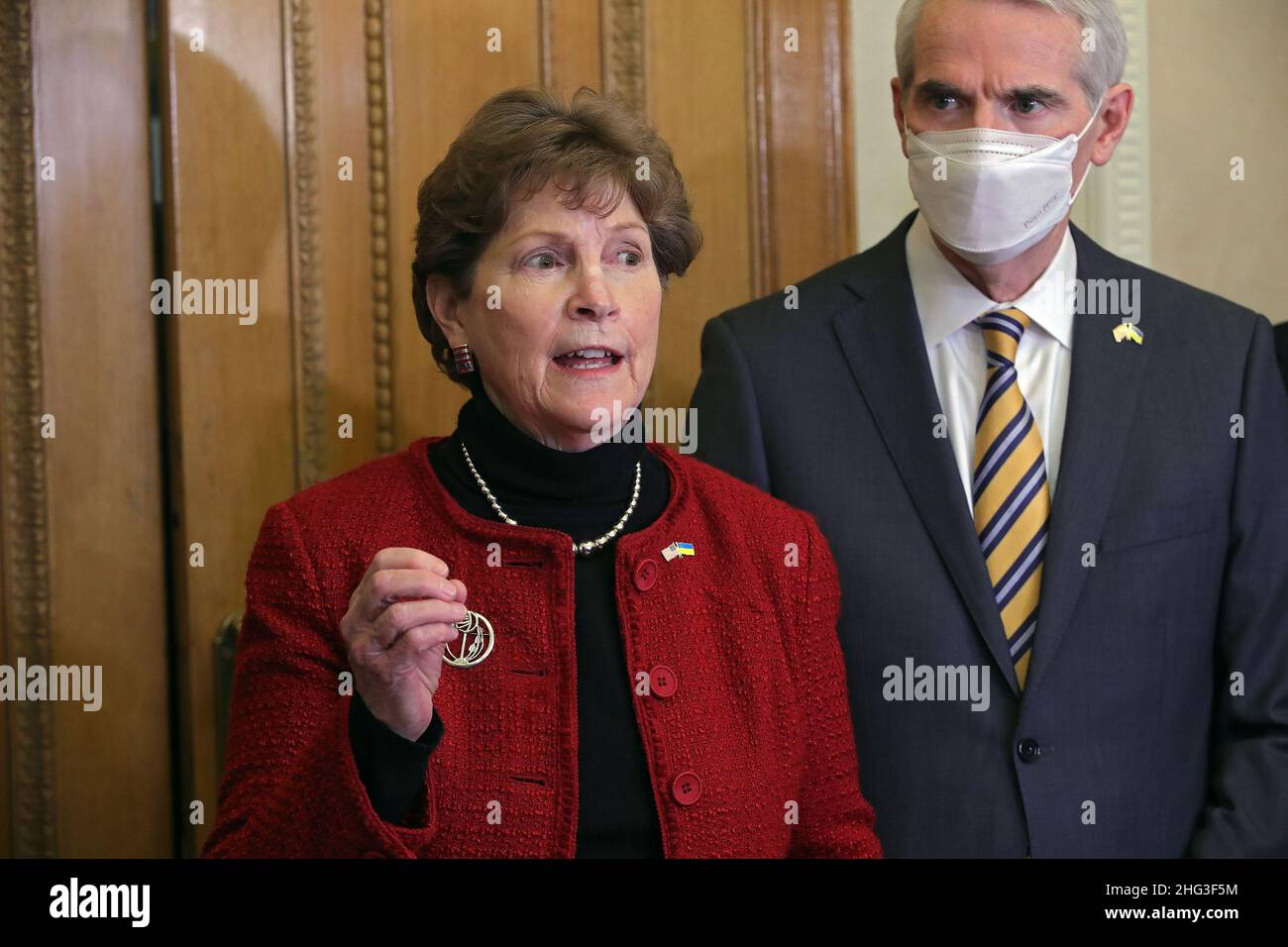 KYIV, UKRAINE - JANUARY 17, 2022 - US Senator Jeanne Shaheen attends a briefing of the bipartisan delegation of the US Congress on a visit to Ukraine, Stock Photo