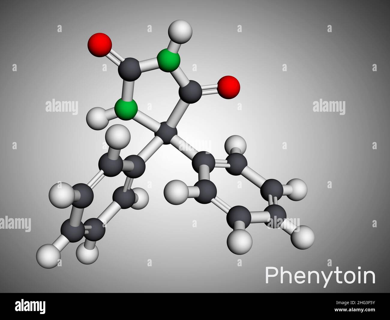 Phenytoin, PHT, diphenylhydantoin molecule. It is anticonvulsant, anti-epileptic, anti-seizure drug, hydantoin derivative. Molecular model. 3D renderi Stock Photo